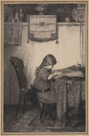 KG 2000 009
<br/>
Maria Rueter, schrijvend in het atelier van de kunstenaar in Sloterdijk
<br/>
<em>Rueter, Georg (1875-1966)</em>